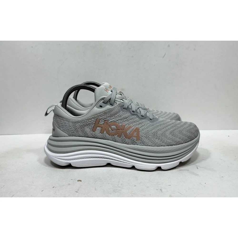 Hoka One One Women's Light Gray with Rose Gold Logo Running Shoes